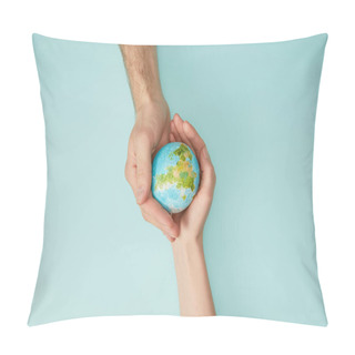 Personality  Top View Of Man And Woman Holding Planet Model On Turquoise Background, Earth Day Concept Pillow Covers
