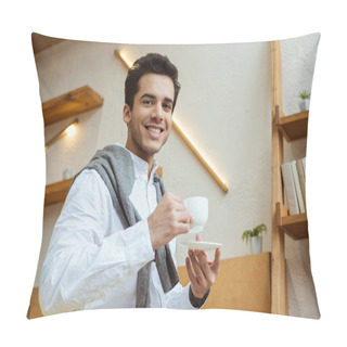Personality  Low Angle View Of Businessman With Saucer And Cup Of Coffee Looking At Camera And Smiling  Pillow Covers