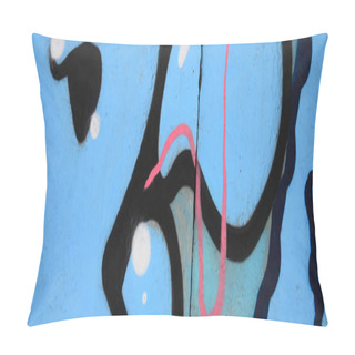 Personality  Fragment Of Colored Street Art Graffiti Paintings With Contours And Shading Close Up. Background Texture Of Youth Contemporary Art Culture. Blue And Black Colors Pillow Covers