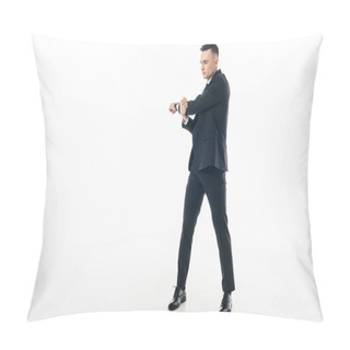 Personality  Businessman In Suit Stretching Hands Isolated On White Pillow Covers