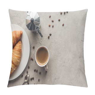 Personality  Top View Of Cup Of Coffee With Croissants And Moka Pot On Concrete Surface With Spilled Coffee Beans Pillow Covers