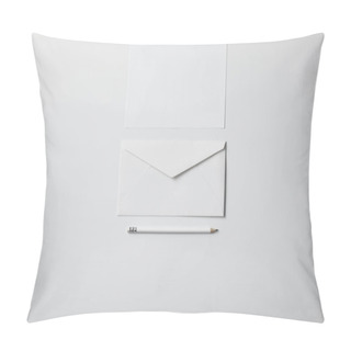 Personality  Top View Of Envelope With Blank Paper And Pencil On White Surface For Mockup Pillow Covers