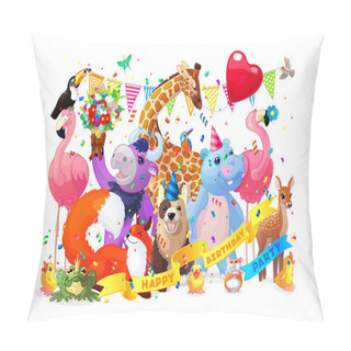 Personality  Vector Cartoon Animal Happy Birthday Party Clipart Pillow Covers
