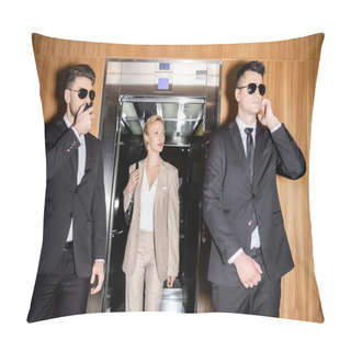 Personality  Personal Security And Protection Concept, Blonde And Successful Woman With Handbag Walking Out Of Elevator, Bodyguards In Suits And Sunglasses Protecting Her Privacy In Luxury Hotel  Pillow Covers