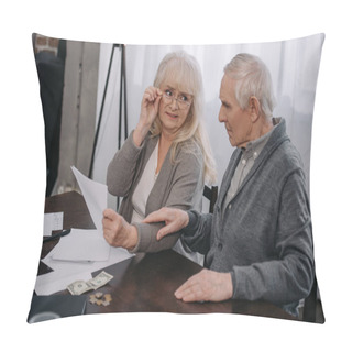 Personality  Senior Couple Sitting At Table With Documents And Money Pillow Covers