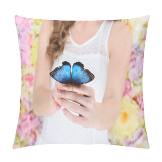Personality  Cropped Shot Of Woman Holding Beautiful Blue Butterfly Pillow Covers