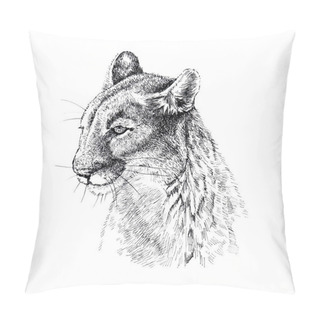 Personality  Cougar Head Drawing, Graphic Sketch. Monochrome Illustration On A White Background. Pillow Covers