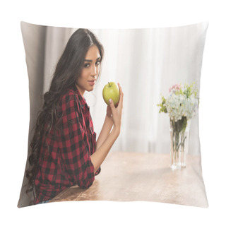 Personality  Beautiful Girl In Checkered Shirt Holding Green Apple And Looking At Camera At Home Pillow Covers