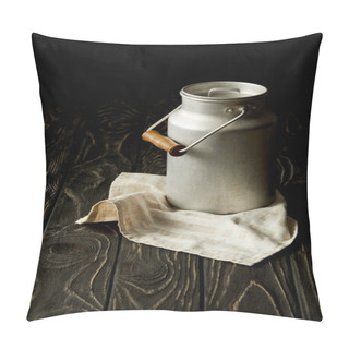 Personality  Closeup Image Of Milk In Aluminium Can On Sackcloth On Black Background  Pillow Covers