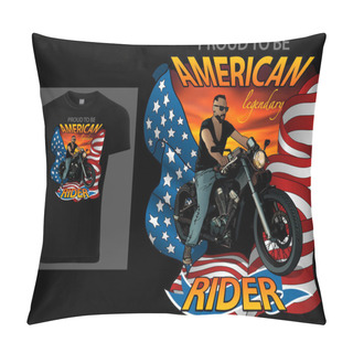 Personality  T-shirt Design American Rider With Motorcycle And American Flag On Red Sky - Colored Illustration Isolated On Black Background, Vector Pillow Covers