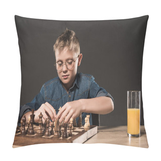 Personality  Focused Little Boy Playing Chess At Table With Glass Of Juice On Grey Background  Pillow Covers