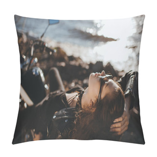 Personality  Beautiful Girl In Sunglasses Lying On Classical Motorcycle Pillow Covers