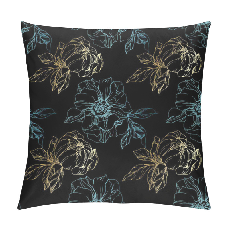 Personality  Vector Blue And Golden Isolated Peonies Sketch On Black Background. Engraved Ink Art. Seamless Background Pattern. Fabric Wallpaper Print Texture. Pillow Covers