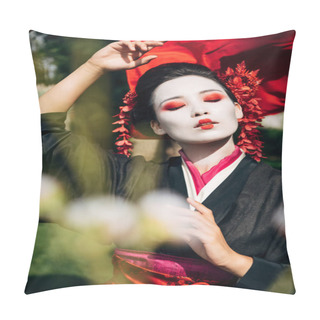 Personality  Selective Focus Of Tree Branches And Beautiful Gesturing Geisha With Red Cloth On Background In Sunlight Pillow Covers