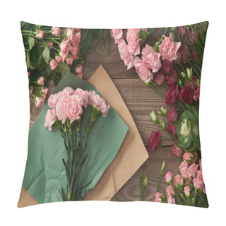 Personality  Top View Of Beautiful Various Flowers, Craft Paper And Scissors On Wooden Surface  Pillow Covers