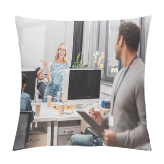 Personality  Man With Name Tag And Planchette At Modern Office Pillow Covers