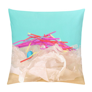 Personality Plastic Free Awareness With Pile Of Single Use Plastics, With Copy Space. Pillow Covers