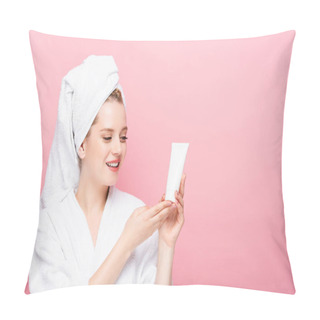 Personality  Happy Young Woman In Bathrobe With Towel On Head Holding Tube With Hand Cream Isolated On Pink Pillow Covers
