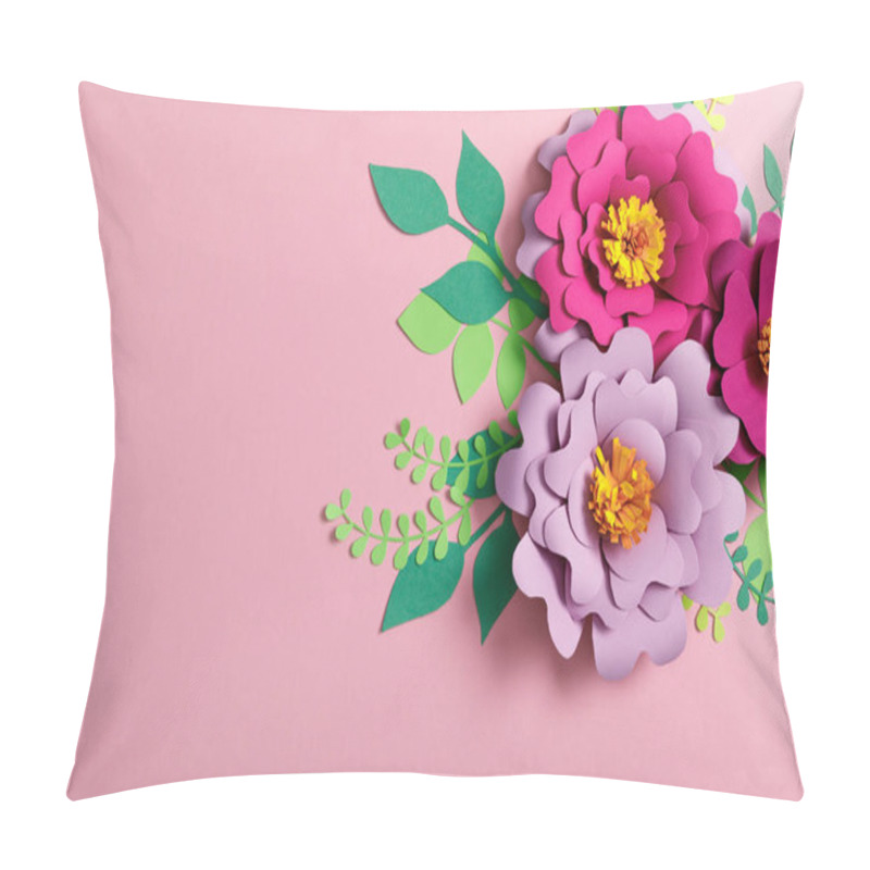 Personality  top view of flowers and paper leaves on pink background pillow covers