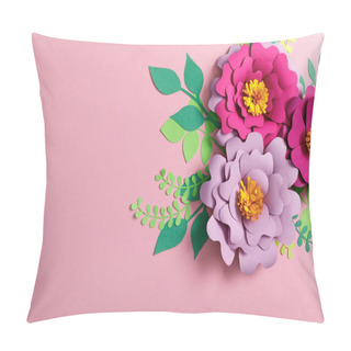 Personality  Top View Of Flowers And Paper Leaves On Pink Background Pillow Covers