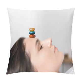 Personality  Woman Lying With Closed Eyes With Colorful Stones On Forehead Pillow Covers