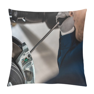 Personality  Selective Focus Of Mechanic Adjusting Brake Caliper With Screw Driver Pillow Covers