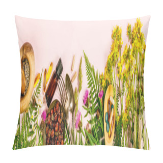 Personality  Wild And Healing Herbs Concept, Flat Lay, Top View Pillow Covers