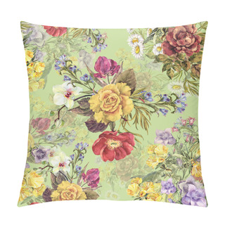 Personality  Watercolor Different Bouquets. Floral Seamless Pattern On A Lime Green Background. Pillow Covers
