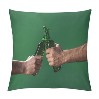 Personality  Partial View Of Men Clinking Beer Bottles Isolated On Green, St Patrick Day Concept Pillow Covers