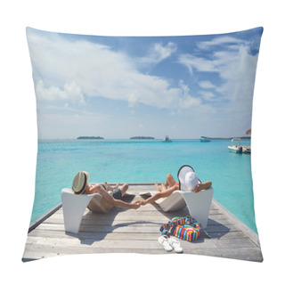 Personality  Happy Young Couple Have Fun On Beach Pillow Covers