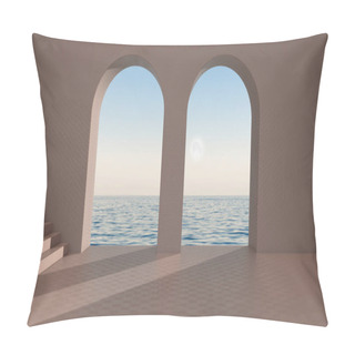 Personality  Imaginary Fictional Architecture, Interior Design Of Empty Space With Arched Window And Staircase, Concrete Rosy Walls, Terrace With Sunrise Sunset Sea Panorama, Clear Sky With Moon Pillow Covers