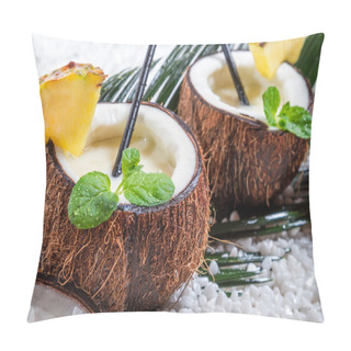 Personality  Closeup Of Pinacolada Drink In The Fresh Coconut Pillow Covers
