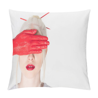 Personality  Woman With Paint On Hand Covering Face Of Blonde Model With Red Lips Isolated On White Pillow Covers