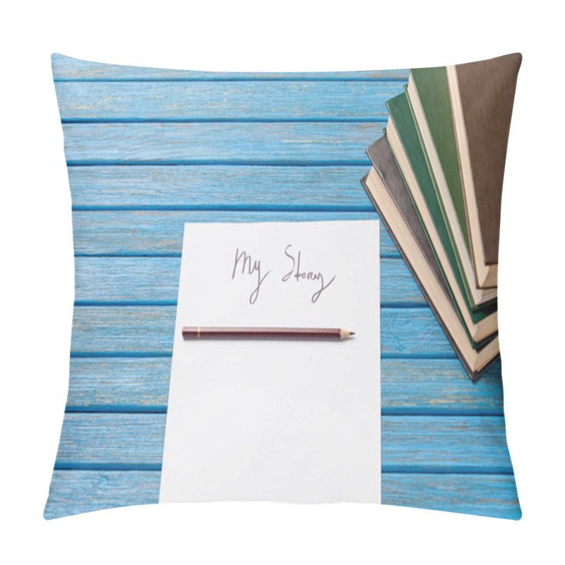 Personality  pencil, books and paper with My Story words pillow covers