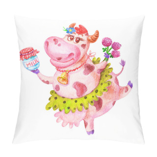 Personality  Watercolor A Cow With A Jar Of Milk Image Isolated On White Background. For Milk Products Package Design. Concept For Children Print. Pillow Covers