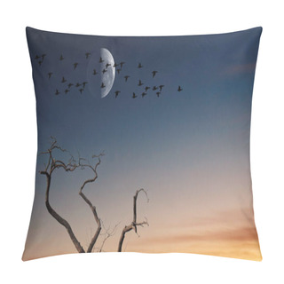 Personality  Sunset Landscape At Autumn, Migratory Birds Flying In Group, Dry Tree And The Moon Shining In The Sky Pillow Covers