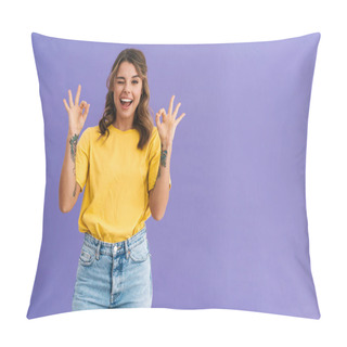 Personality  Portrait Of A Beautiful Excited Young Casual Woman Standing Isolated Over Blue Background, Showing Ok And Winking Pillow Covers