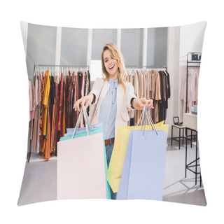 Personality  Smiling Woman Showing Shopping Bags With Purchases In Showroom  Pillow Covers