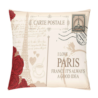 Personality  Retro Postcard With Eiffel Tower In Paris, France. Romantic Vector Postcard In Vintage Style With Red Roses, Postmark And Words I Love Paris On The Background Of Old Manuscript With Spots Pillow Covers