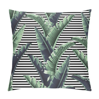 Personality  Seamless Tropical Pattern With Stripes. Leaves Palm Tree Illustration. Modern Graphics. Plumeria Flowers.  Pillow Covers
