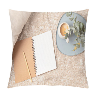 Personality  Mockup Of Notebook And Coffee Cup On Beige Plaid Background, With Copy Space For Text. Flat Lay, Top View Photo Mock Up. Pillow Covers