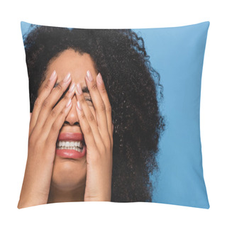 Personality  Upset African American Woman Obscuring Face With Hands While Crying Isolated On Blue Pillow Covers