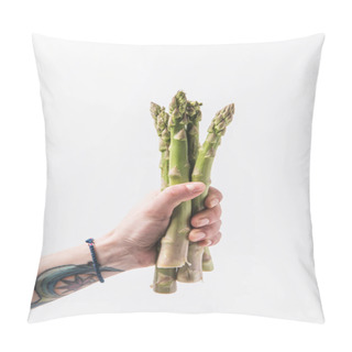 Personality  Hand Holding Green Asparagus Stalks Isolated On White Background Pillow Covers
