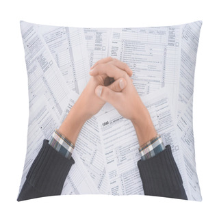 Personality  Cropped View Of Man With Folded Hands On Background With Tax Forms Pillow Covers