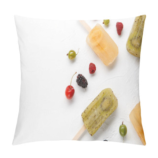Personality  Image On Top Of Frozen Fruit Ice, Gooseberry, Blackberry, Cherry On Blank White Background. Empty Space For Text Pillow Covers