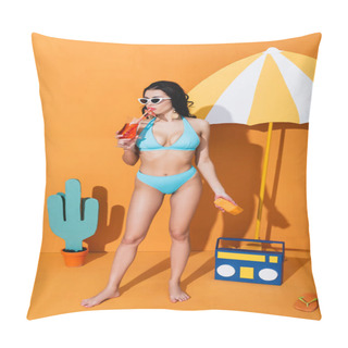 Personality  Young Woman In Swimwear And Sunglasses Holding Sunscreen And Drinking Cocktail Near Paper Umbrella, Boombox And Cactus On Orange Pillow Covers