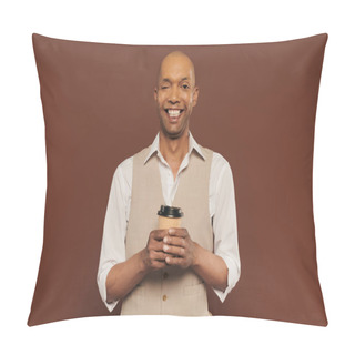 Personality  Inclusion, Happy And Bold African American Man With Myasthenia Gravis Syndrome, Standing With Paper Cup, Dark Skinned Man With Chronic Disease On Brown Background, Coffee To Go  Pillow Covers