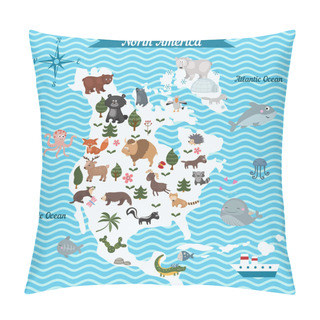 Personality  Cartoon Map Of North America Continent With Different Animals. Pillow Covers