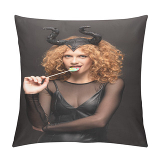 Personality  Beautiful Sexy Woman In Maleficent Costume Eating Lollipop On Halloween On Black Pillow Covers