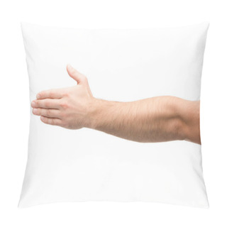 Personality  Cropped View Of Man With Outstretched Hand Isolated On White  Pillow Covers